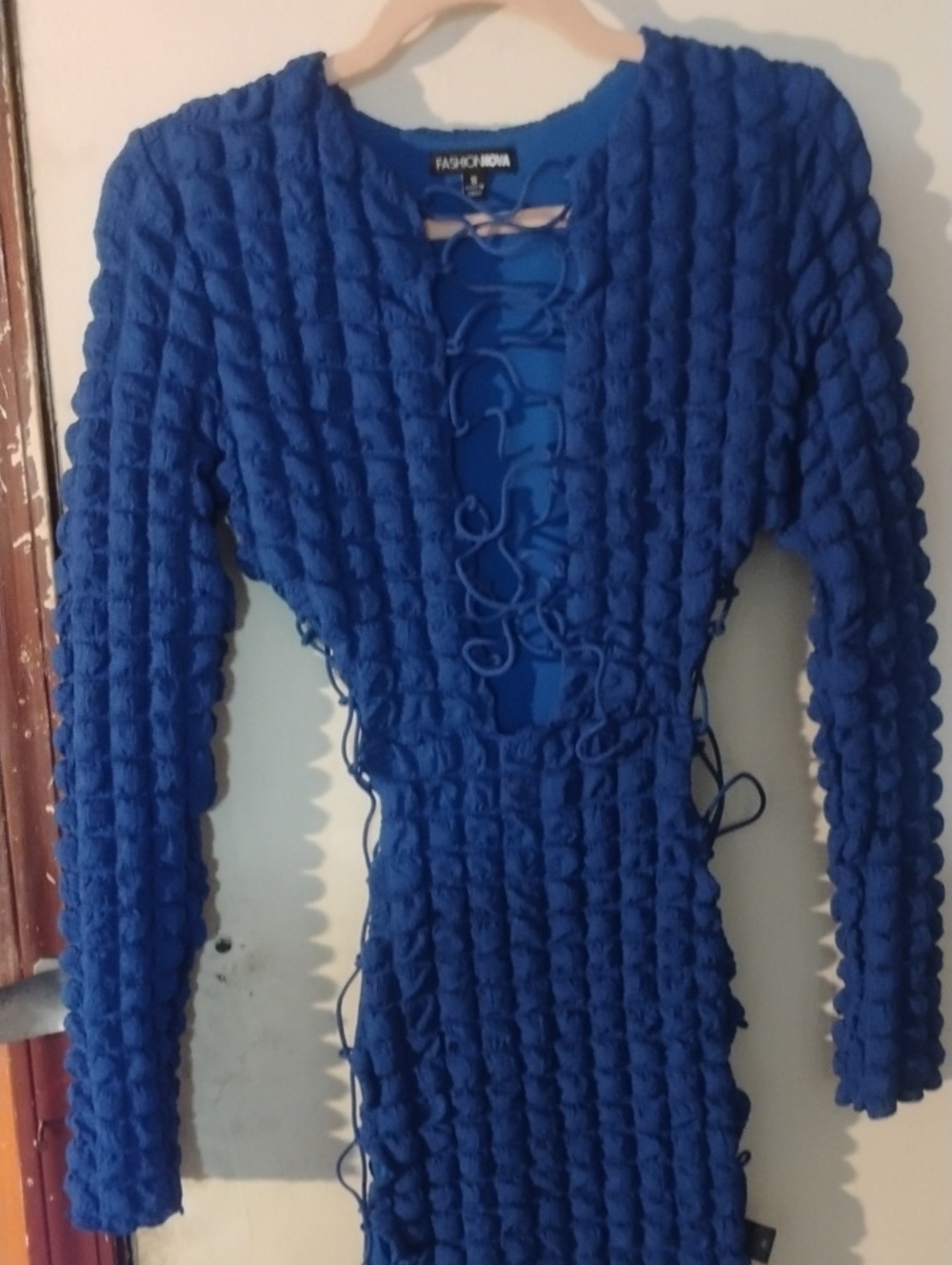 Fashion Nova Cobalt Blue Textured Lace-Up Bodycon Dress